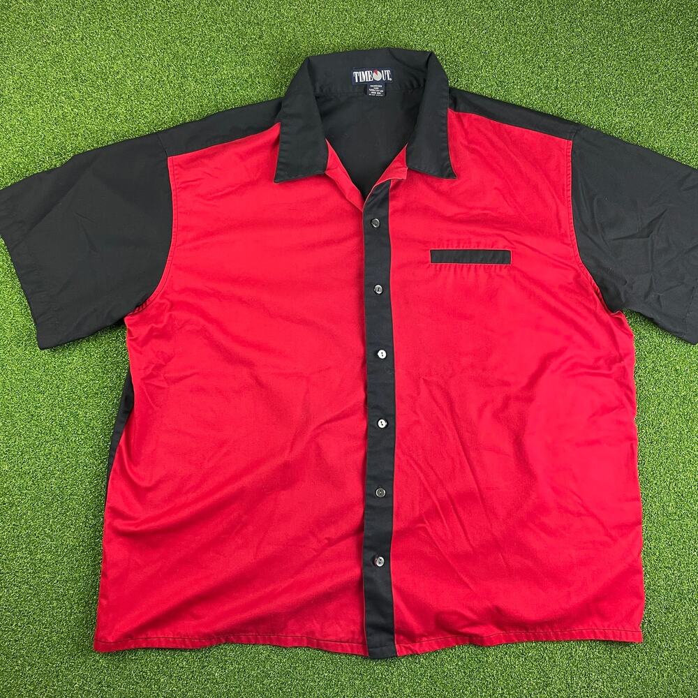 Vintage Timeout Red Black Short Sleeve Button Up Bowling Shirt Sz 2XL